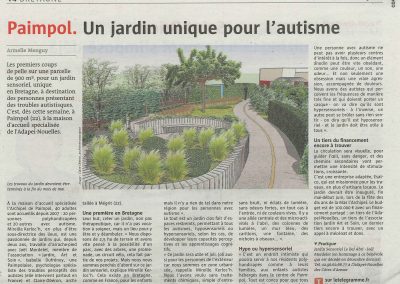 Article mettant en vedette Clare Obéron, paysagiste, dans le journal Le Télégramme, "Paimpol. Un jardin unique pour l'autisme"