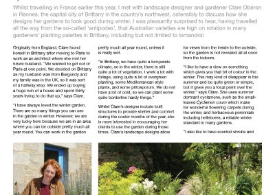 Page 6 du Hort Journal d'Australie présentant un article paysagiste sur Clare Obéron par Gabrielle Stannus. "Ooh la la ! Des conseils de design hivernaux venus de France avec une touche australienne"