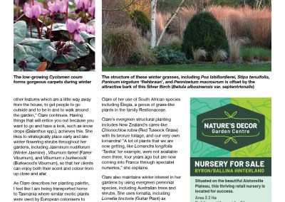 Page 7 du Hort Journal d'Australie présentant un article paysagiste sur Clare Obéron par Gabrielle Stannus. Choix de plantes et palettes de couleurs