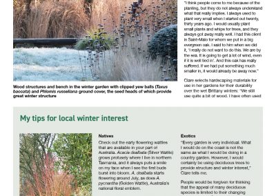 Page 8 du Hort Journal d'Australie présentant un article paysagiste sur Clare Obéron par Gabrielle Stannus. Trucs et astuces pour entretenir un jardin d'hiver.
